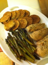 Breaded eggplant and chicken with lemon broiled asparagus.